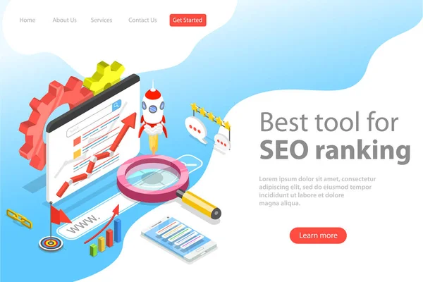 Plat isometrische vector landing paginasjabloon van seo ranking tool. — Stockvector