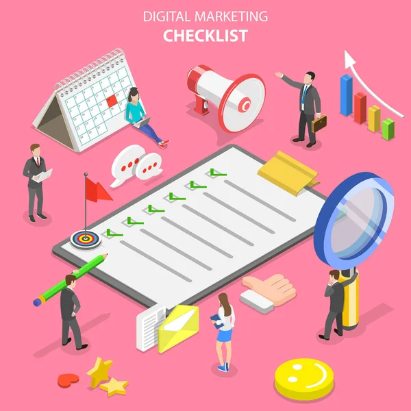 Isometrisches flaches Vektorkonzept der Marketing-Checkliste, digitales Marketing. — Stockvektor