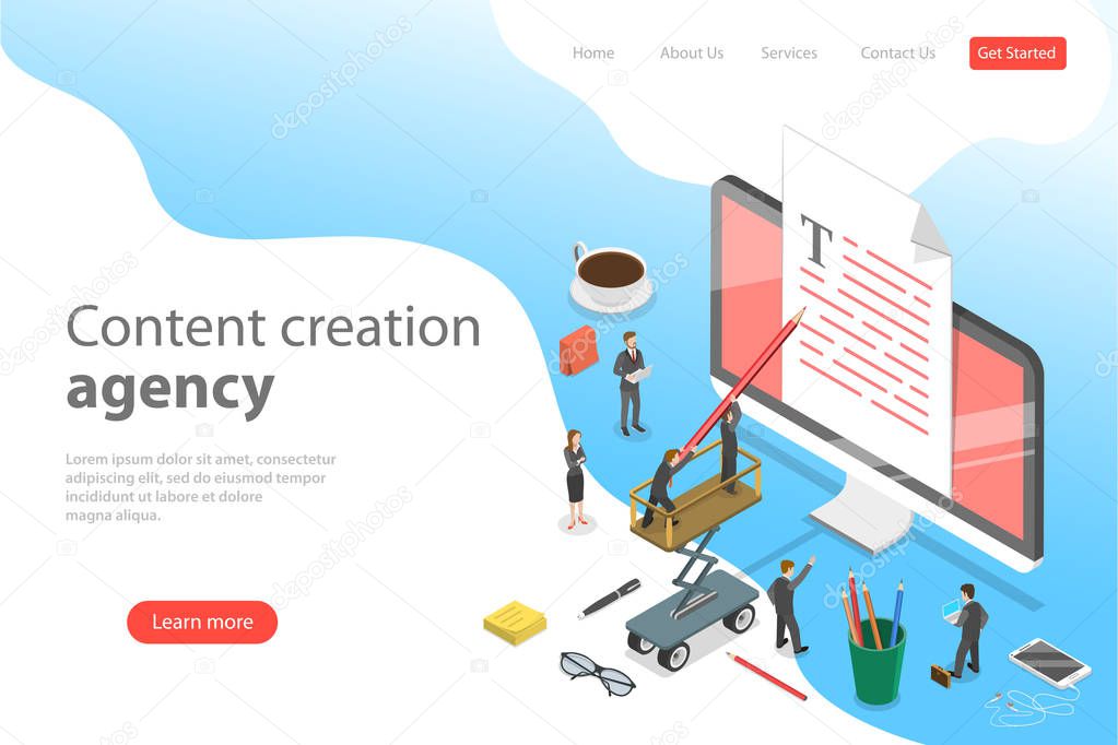 Flat isometric vector landing page template of content creating, copywriting.