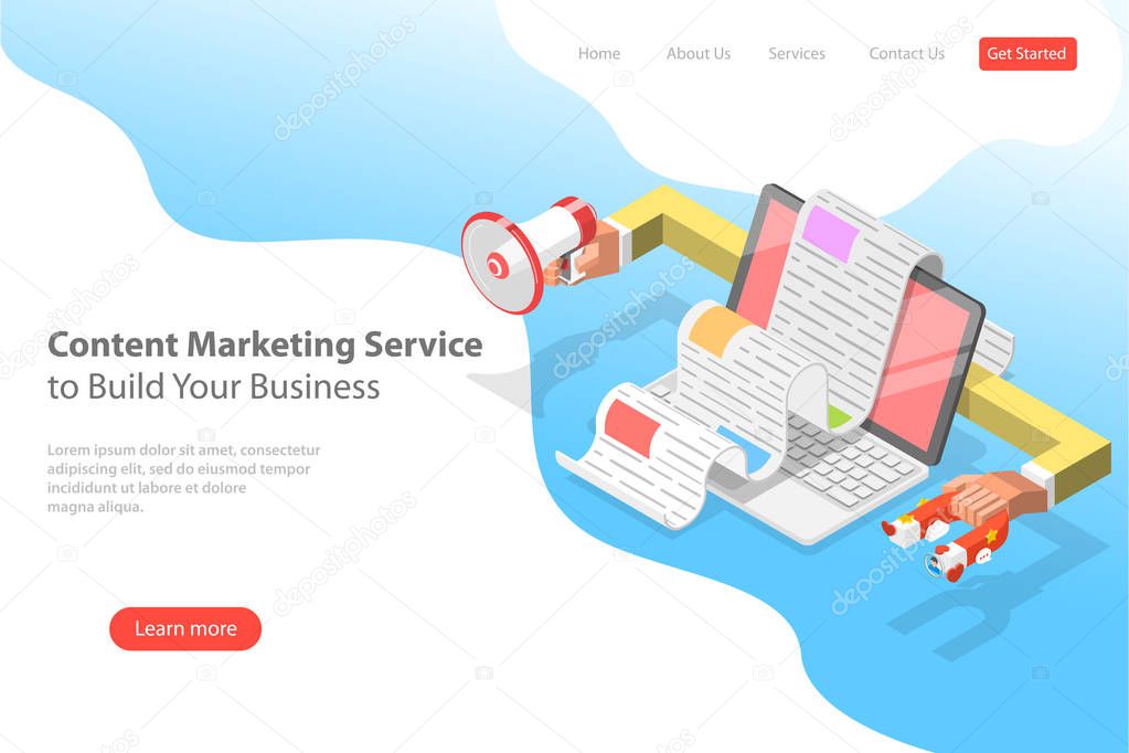 Isometric flat vector landing page template of content strategy.