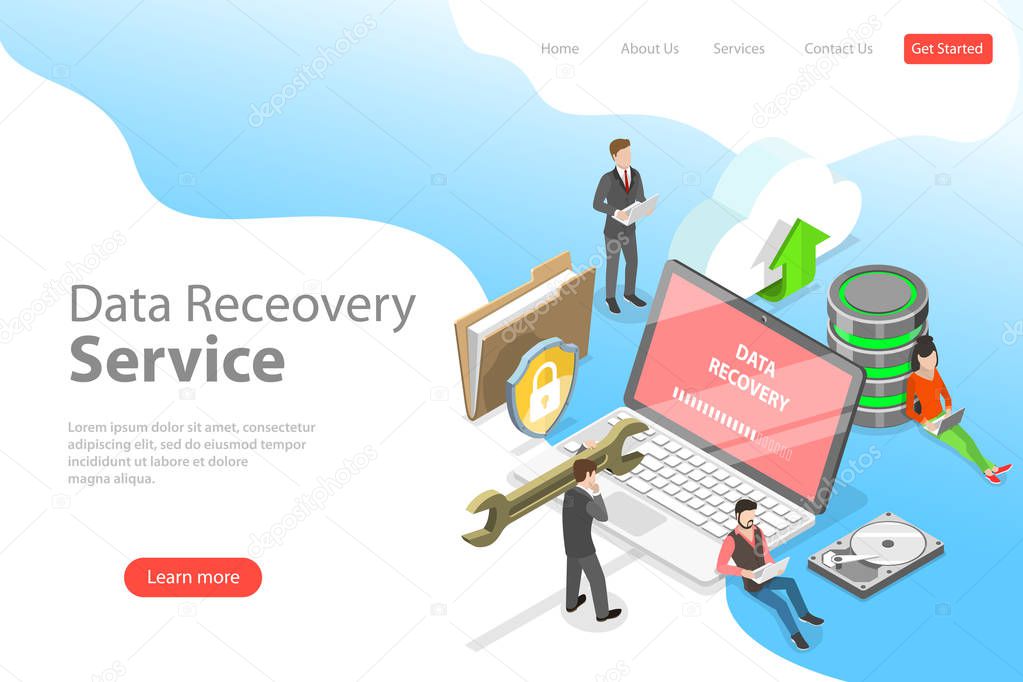 Isometric flat vector landing pate template of data recovery services.