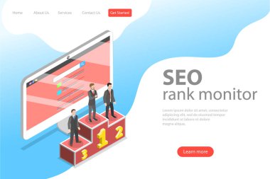 Seo sıralama monitörünün düz izometrik vektör açılış sayfası şablonu.