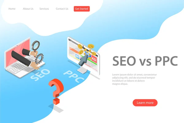 Isometrische platte vector landing page template van SEO vs PPC. — Stockvector