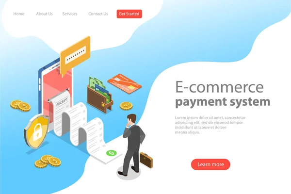 Platte Isometrische Vector landing page template van e-commerce betalingssysteem. — Stockvector