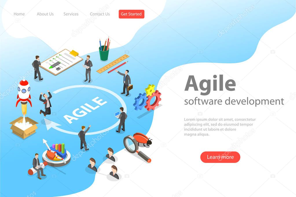 Flat isometric vector landing page of agile software development.