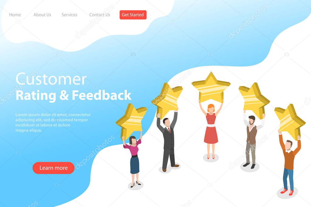 Isometric flat vector landing page template of product rating.