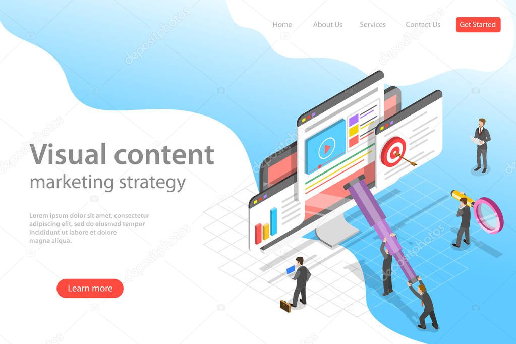 Isometric flat vector landing page template of visual data marketing strategy.