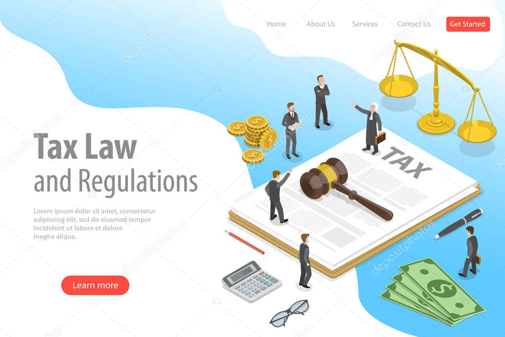 Isometric flat vector landing page template of tax law and regulations.