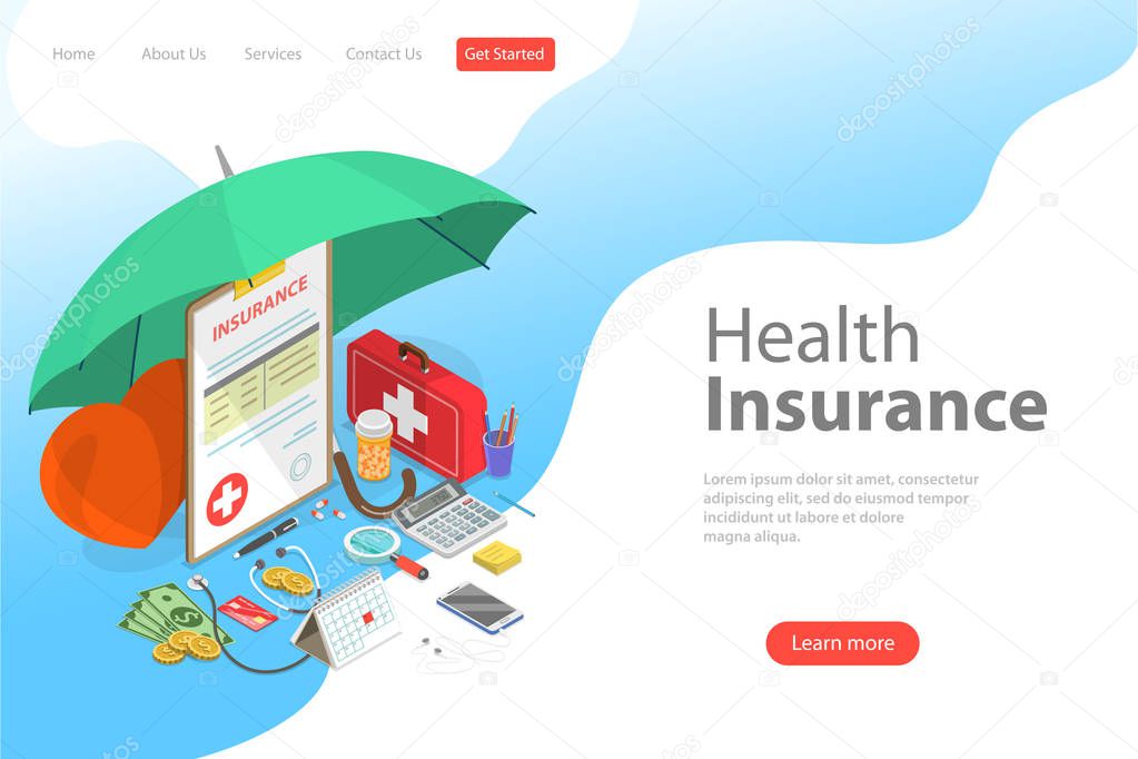 Isometric flat vector landing page template of health insurance policy.