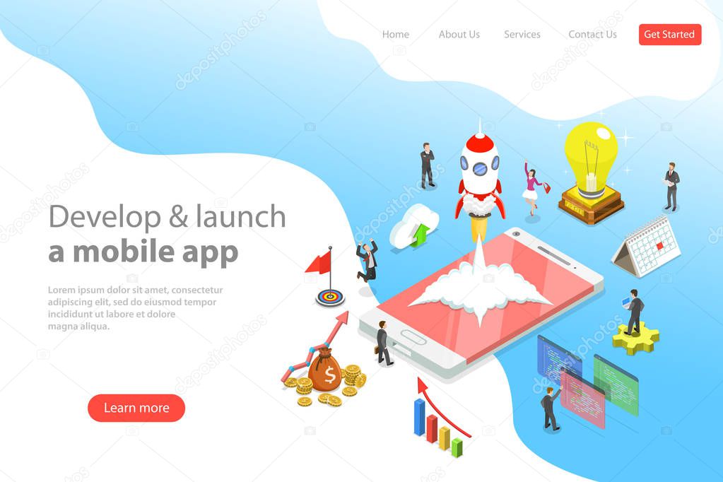 Flat isometric vector landing page templare of mobile app launch.