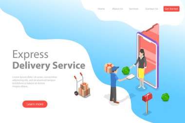İzometrik düz vektör açılış sayfası şablonu hızlı teslimat hizmeti.