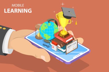 Mobil Eğitim, e-öğrenme, webinar kavramı düz izometrik vektör.