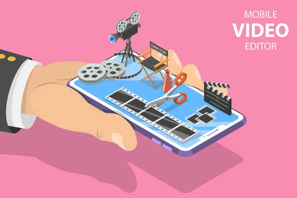 Izometrikus sík vektor fogalma videoszerkesztő app, multimédiás gyártás. — Stock Vector
