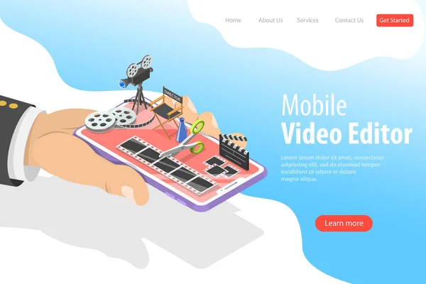 Modello di pagina di destinazione vettoriale piatta isometrica dell'app di editing video . — Vettoriale Stock