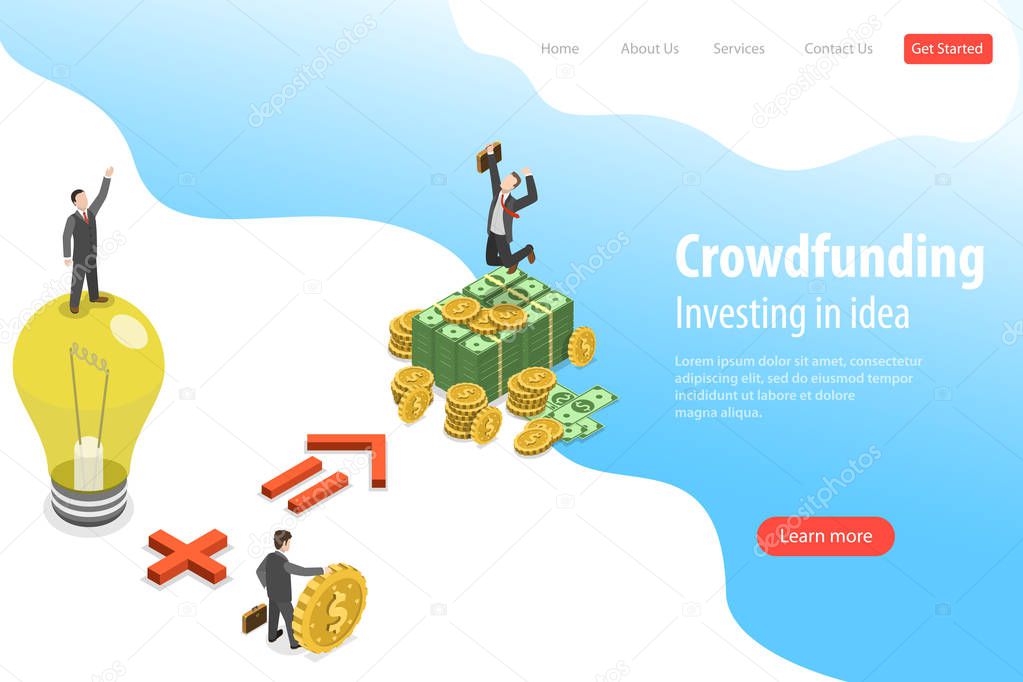 Isometric flat vector landing page template of crowdfunding, investing in idea.