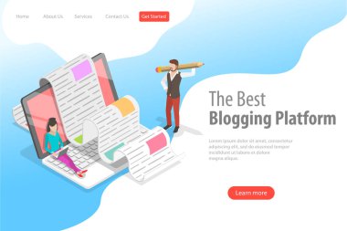 İzometrik vektör açılış sayfası için yaratıcı blogging, ticari blog gönderme.