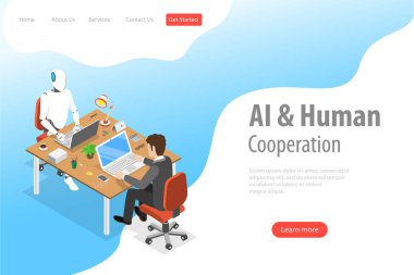 Düz izometrik vektör açılış sayfası şablonu robot ve insan işbirliği.