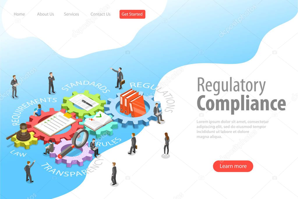 Flat isometric vector landing page template of regulatory compliance.