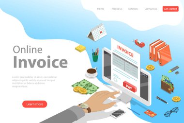 Düz izometrik vektör açılış pate şablon online fatura ödeme.