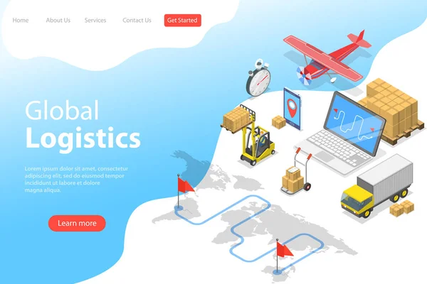 Flat isometric vector landing page template of global logistics. — Stock Vector