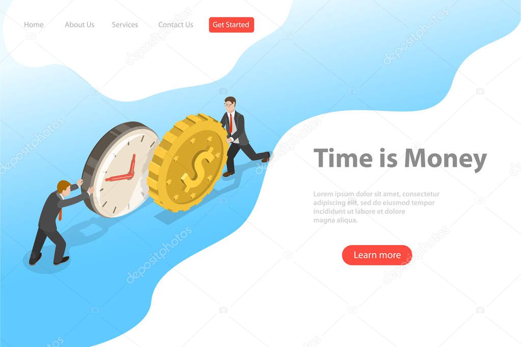 Flat isometric vector landing page template for time is money, income growth.