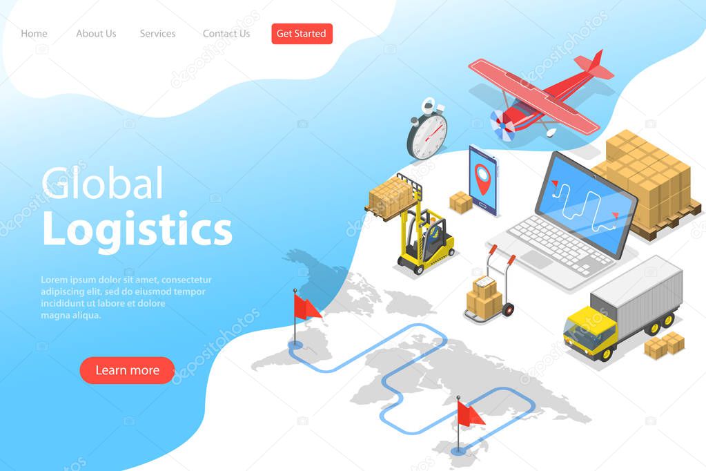 Flat isometric vector landing page template of global logistics.