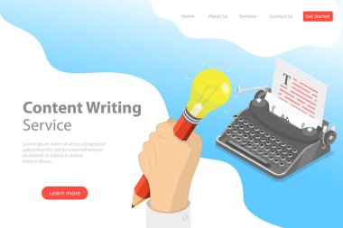 Yaratıcı yazma, copywriting düz izometrik vektör açılış sayfası şablonu.
