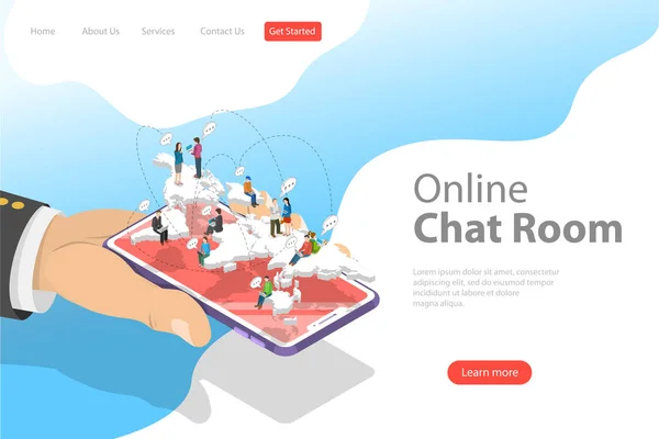 Plantilla plana de landing page vectorial isométrica de chat en vivo, red de redes sociales . — Archivo Imágenes Vectoriales