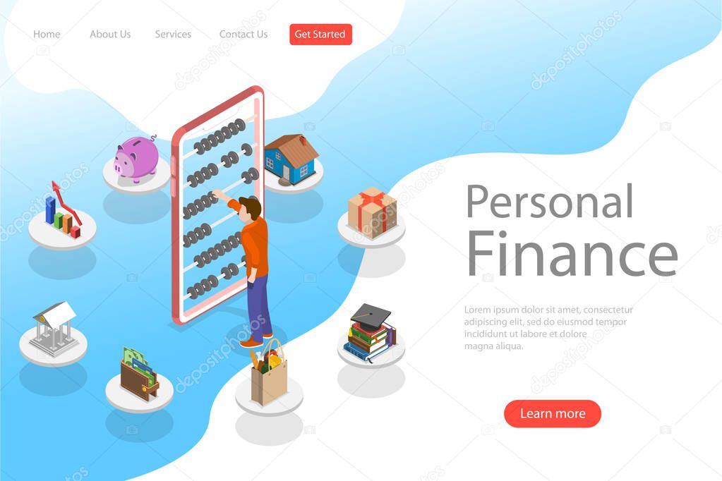 Isometric flat vector landing page template of personal home finance.