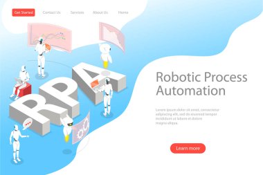 Robotik proses otomatikleştirme izometrik düz vektör açılış sayfası şablonu.