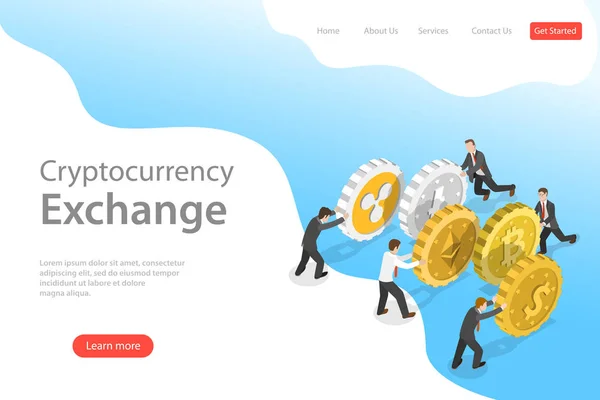 Platte Isometrische Vector landing page template van cryptocurrency Exchange. — Stockvector