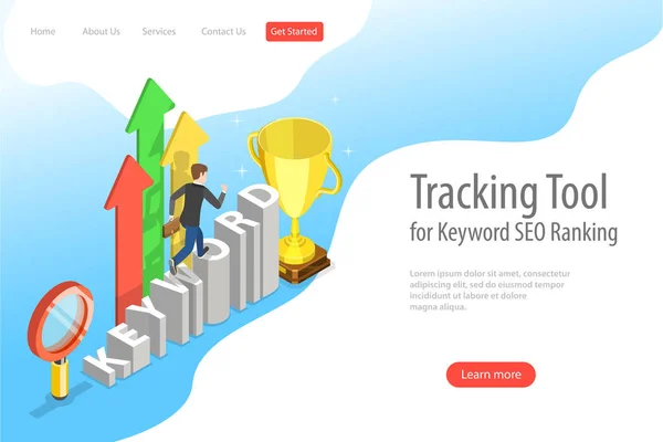 Platte Isometrische Vector landing page template van tracking tool voor keyword ranking — Stockvector