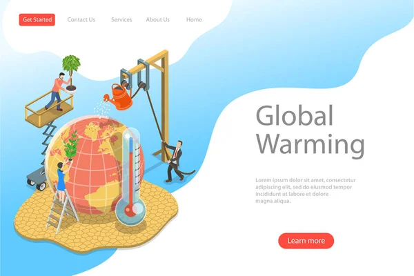 地球温暖化、気候変動のアイソメ平面ベクトル ランディング ページ テンプレート. — ストックベクタ