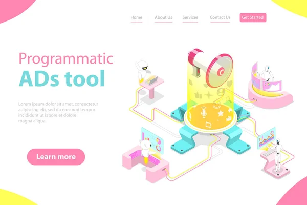 Platt isometrisk vektor landning sida mall av programmatisk annonsering. — Stock vektor