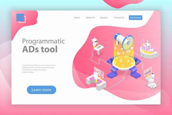Plat izometric pagina de destinație vectorială șablon de publicitate programatică . — Vector de stoc