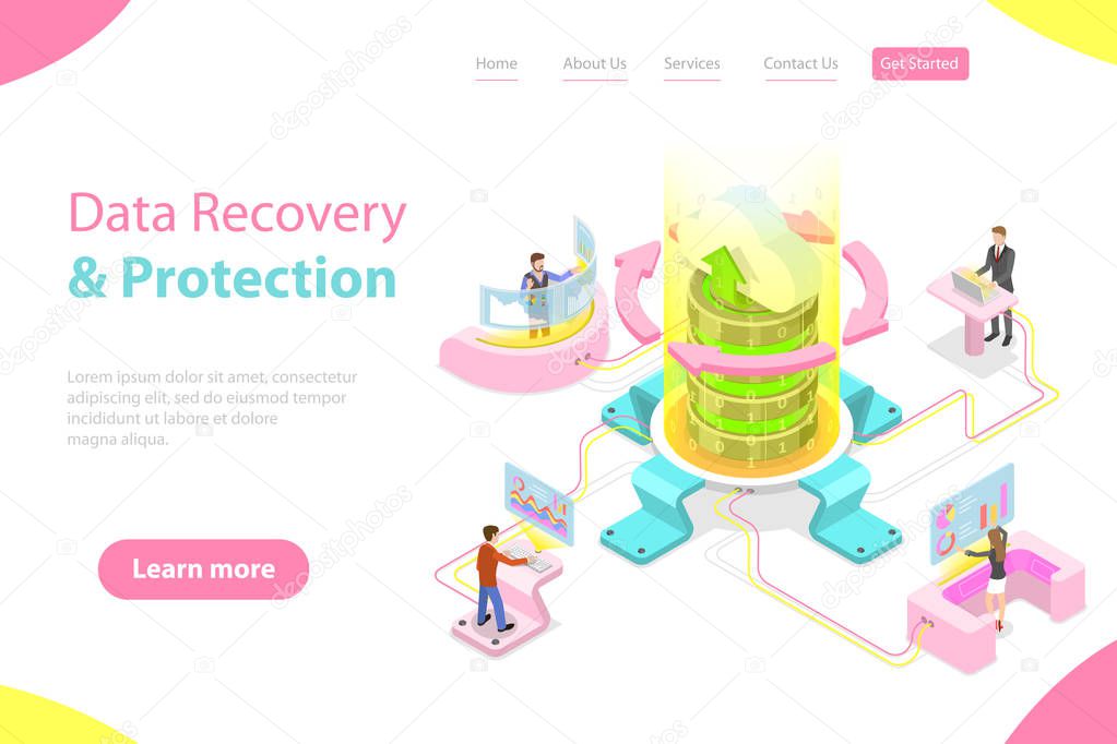 Isometric flat vector landing pate template of data recovery services.