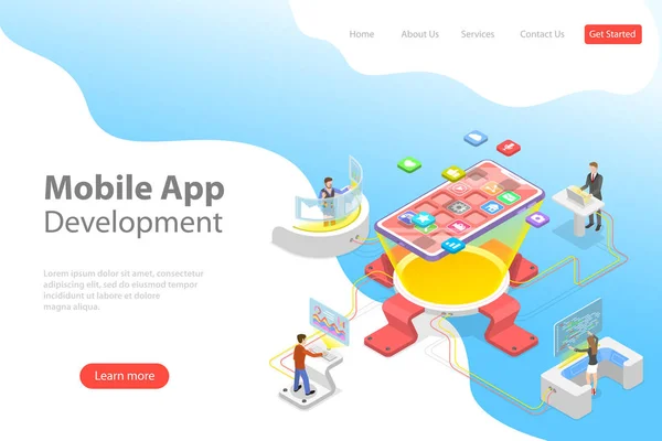 Flat isometric vector landing page template of mobile app development. — Stock Vector