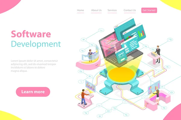 Flat isometric vector landing page template of software development. — Stock Vector