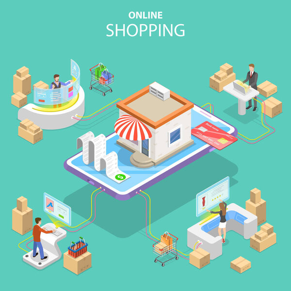 Flat isometric vector concept of easy shopping, e-commerce.
