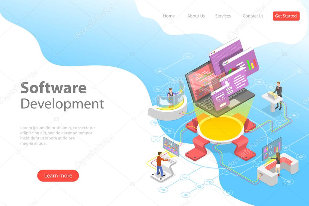 Flat isometric vector landing page template of software development.