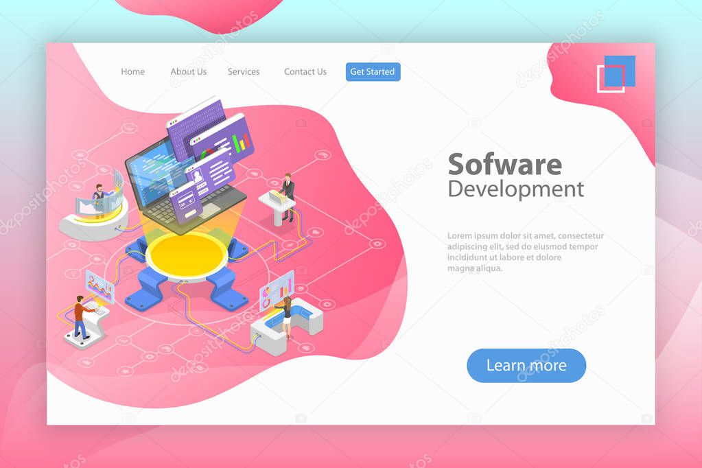 Flat isometric vector landing page template of software development.