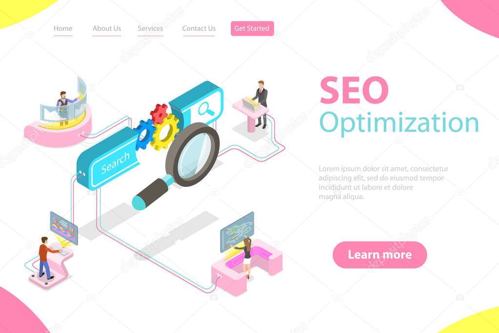 Flat isometric vector landing page template of search engine ranking.