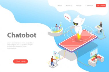 Chatbot, ai düz izometrik vektör açılış sayfası şablonu.