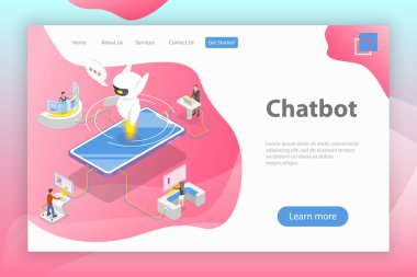 Chatbot, ai düz izometrik vektör açılış sayfası şablonu.