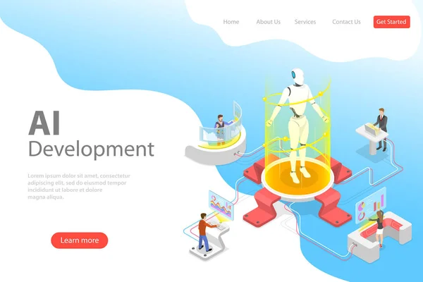 AI開発のフラットアイソメベクトルランディングページテンプレート. — ストックベクタ