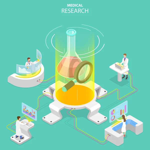 Concepto isométrico de vector plano de investigación médica, tecnología de la ciencia . — Archivo Imágenes Vectoriales