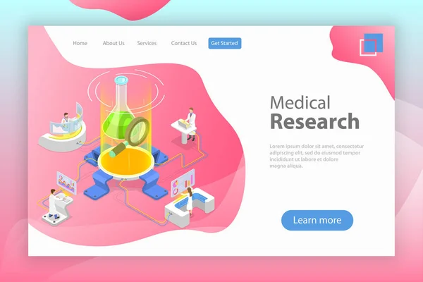 Plantilla de landing page isométrica de vector plano de investigación médica . — Vector de stock