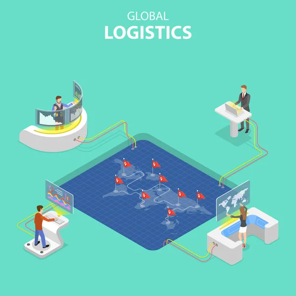 Koncept plošného izometrického vektoru globální logistiky, celosvětové nákladní dopravy. — Stockový vektor