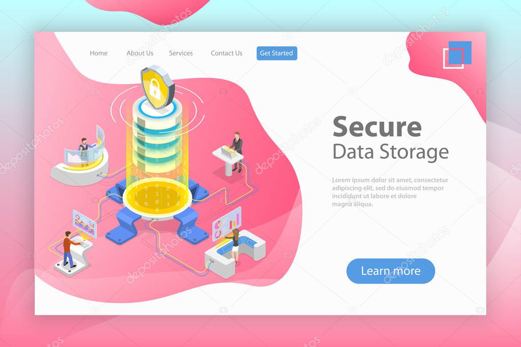 Flat isometric vector landing page template of secure online storage.