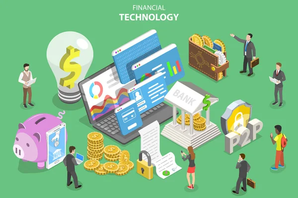 Fintech-izometrikus síkvektor koncepció, pénzügyi technológia, Online Banking. — Stock Vector